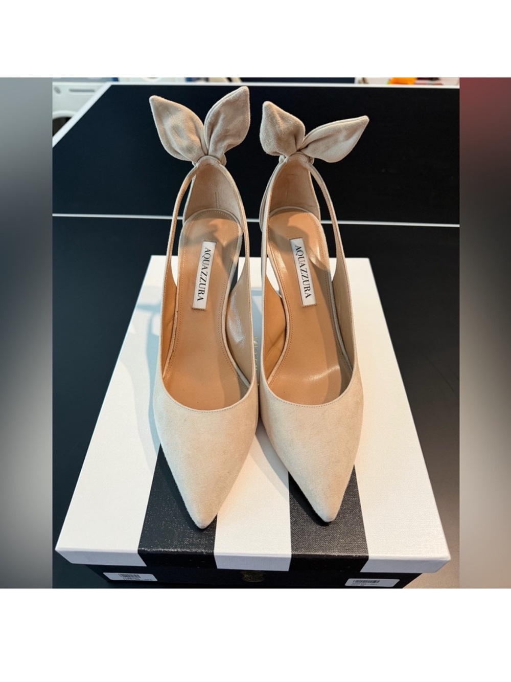 Aquazzura Bow Tie Ankle-Tie Pointed Toe Pumps in Beige